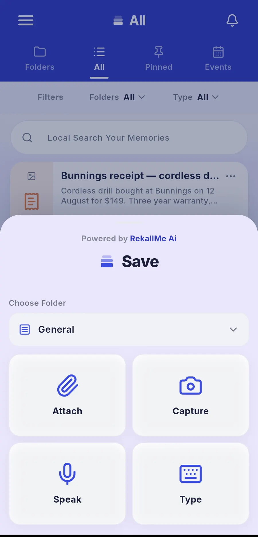 The rekallme. save screen, with a folder chooser set to General and four buttons: Attach, Capture, Speak and Type.